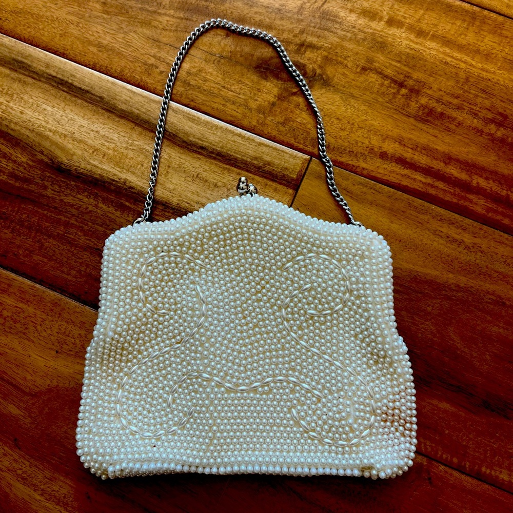 50s Cream Faux Pearl Purse Bridal Wedding Made in Japan